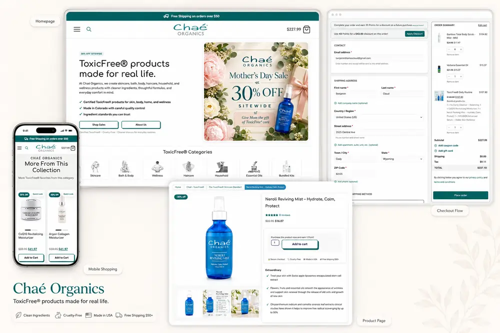 Chaé Organics website on desktop and phone