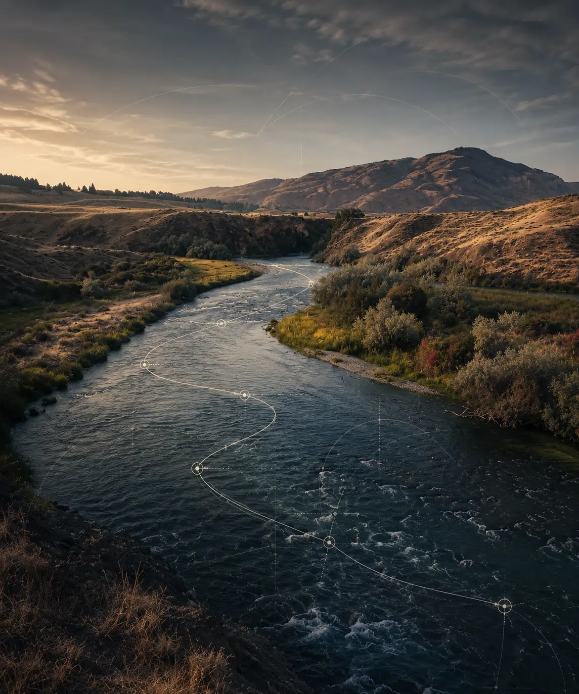 A river winding through Wyoming hills at dusk