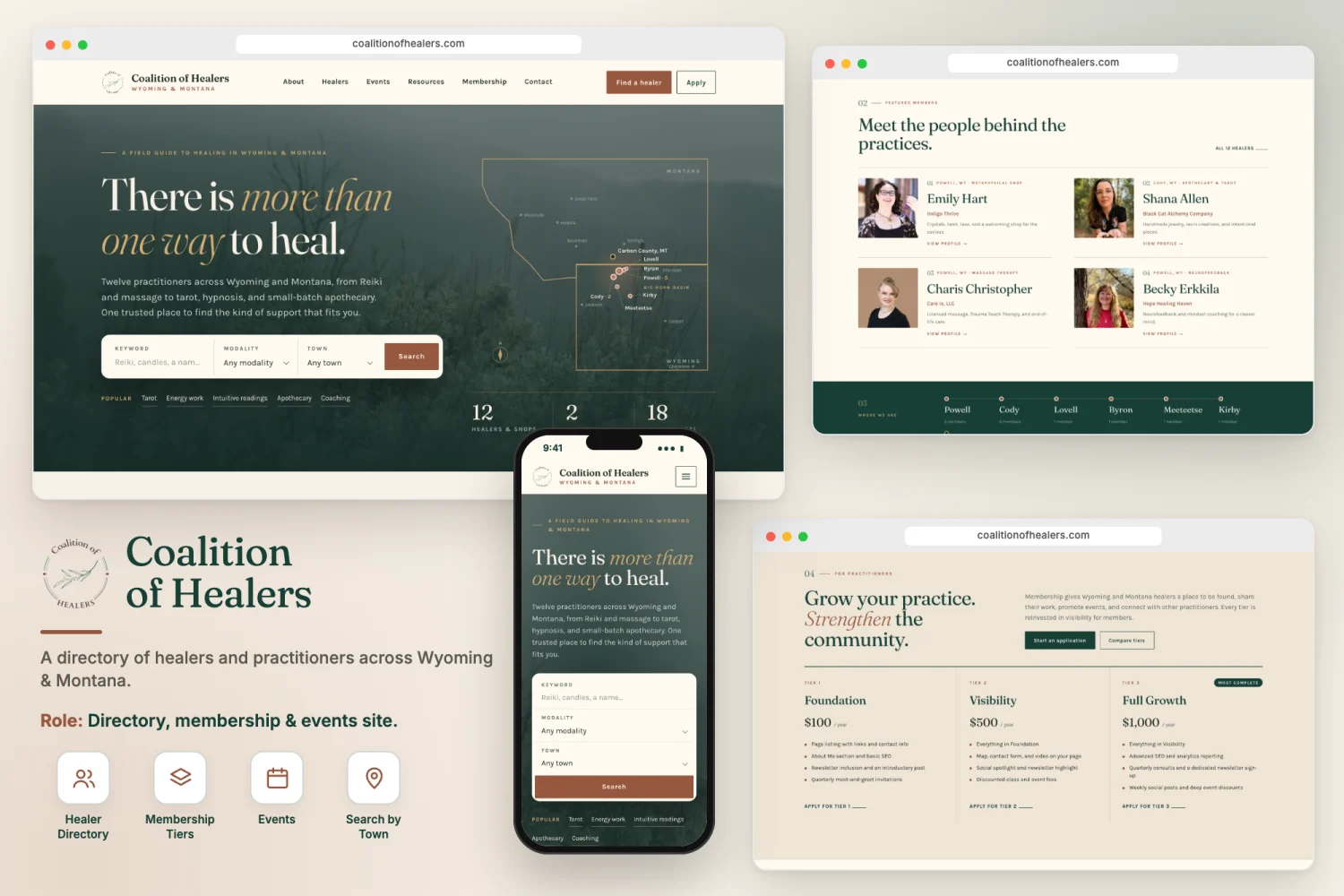 Coalition of Healers website on desktop and phone